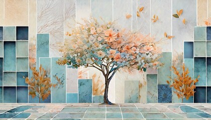 Abstrakcyjna tapeta z drzewem roślinami i tłem z figur geometrycznych - obrazy, fototapety, plakaty