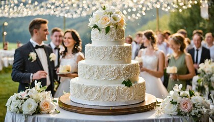 Weselny tort stojący na stole. W tle młoda para i goście weselni bawiący się na przyjęciu - obrazy, fototapety, plakaty