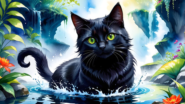 water color paintings art hungry black cat fantasy creatures. black cat with yellow eyes