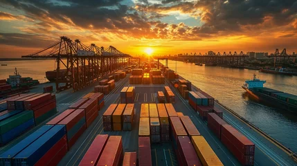 Fotobehang vue aérienne d'un terminal portuaire pour le transport maritime mondial des conteneurs au soleil couchant © Sébastien Jouve