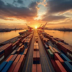 Gordijnen vue aérienne d'un terminal portuaire pour le transport maritime mondial des conteneurs au soleil couchant © Sébastien Jouve