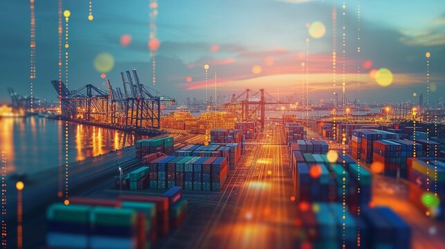 vue aérienne d'un terminal portuaire pour le transport maritime mondial des conteneurs au soleil couchant