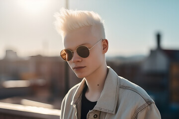 albino blond man sitting on the ground in the street