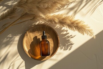 From above amber glass dropper bottle on a wooden tray with pampas grass, cast shadows on a beige surface photography