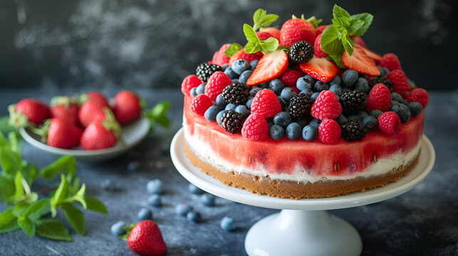 healthy watermelon fresh sugar free cake with mixed berries on a cake stand for birthdays and celebration as wide banner with copy space, generative ai