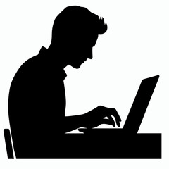 A silhouette of a man working on laptop
