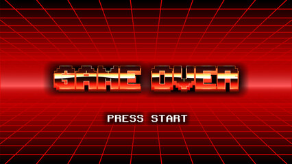 GAME OVER press start on red arcede background .pixel art .8 bit game.arcede screen.retro game. for game assets in vector illustrations.	