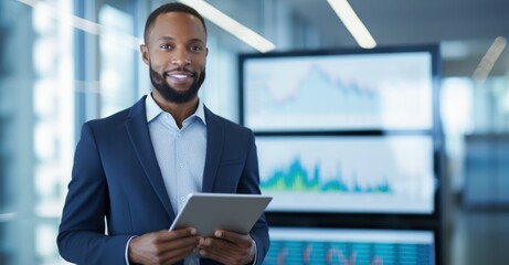 a young investor standing in front of a large digital screen displaying live stock market charts