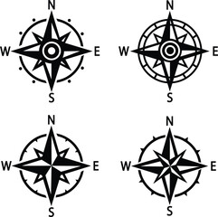 Compass icons set. Monochrome navigational compass with cardinal directions of North, East, South, West. Geographical position, cartography and navigation. Wind rose vector flat or line collection.