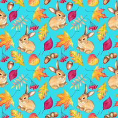 Autumn seamless pattern. Cute background. Watercolor illustration with autumn leaves, berries and hare.