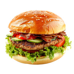 Closeup of juicy Pulled beef burger with tasty cutlet slices of tomatoes lettuce and cucumbers...