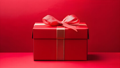 Elegant red Gift Box with red background on Wooden Table