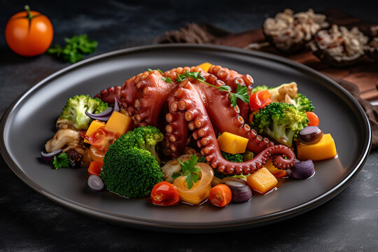 Gnocchi with fresh vegetables, sauce and octopus tentacles. Italian food, gnocchi and octopus with fresh tomato. Fresh pasta with tentacles of octopus. Italian fresh sea food. Mediterranean sea food.