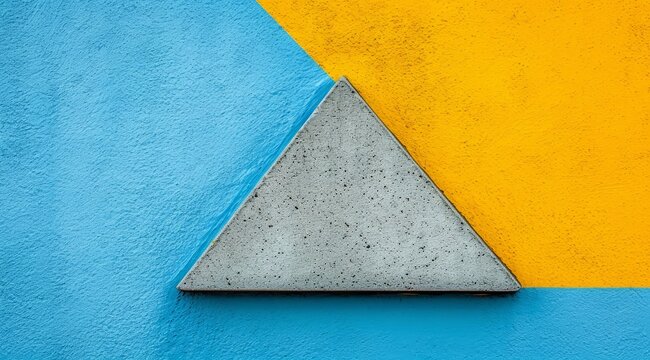 Concrete triangle on yellow blue background. Minimalistic wallpaper.