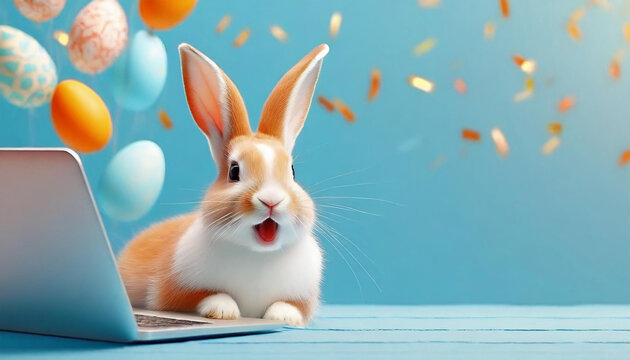 Happy excited Surprised bunny with falling colorful confetti popper, easter eggs, and a laptop, Cute Rabbit on pastel turquoise background.