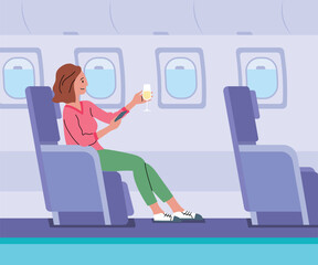 Fototapeta premium Cartoon Color Character Girl and Airplane First Class Concept Flat Design Style. Vector illustration of Rich Female Passenger with Champagne