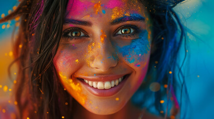 Cheerful happy woman in colorful bright paint in sunny day. Summer portrait of smiling feel good girl on nature background. Holi festival. Leisure enjoy life