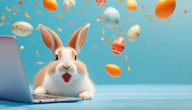 Happy excited Surprised bunny with falling colorful confetti popper, easter eggs, and a laptop, Cute Rabbit on pastel turquoise background.