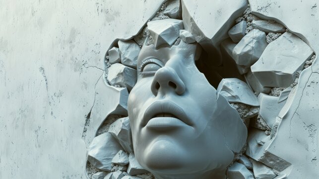 Conceptual image of the female head cut out of the wall and coming out of the wall. 3d illustration.