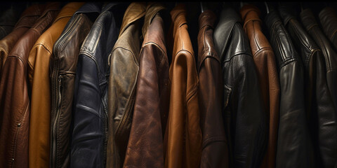 Our hanging men's leather jackets collection exudes classic charm. - obrazy, fototapety, plakaty