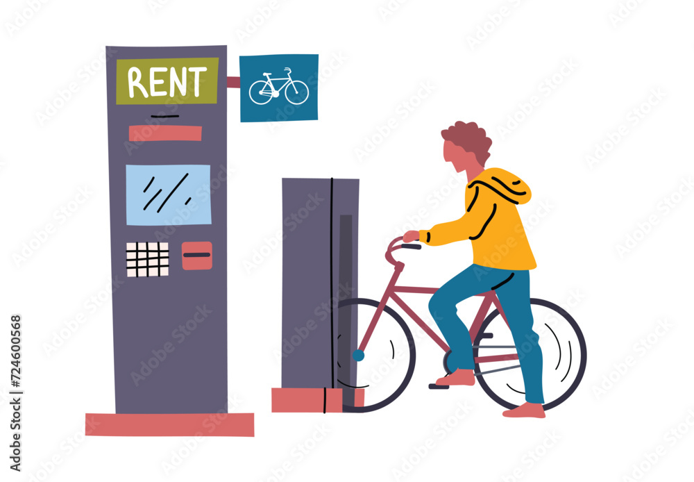 Canvas Prints Cartoon Color Character Boy Rents Bike Use Bicycle Rental Service Concept Flat Design Style. Vector illustration