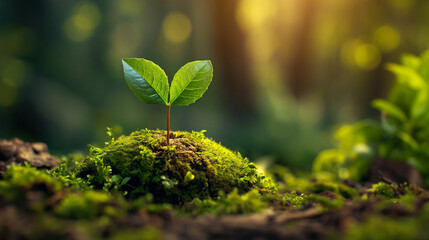 Sprout in the forest. Small trees grow naturally, concept of quality tree planting and sustainable forest restoration. The seedlings grow from fertile soil and the morning sun shines. Ecology  - obrazy, fototapety, plakaty