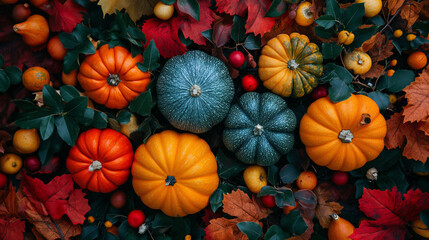 A Display of Pumpkins and Gourds Surrounded by Autumn Leaves