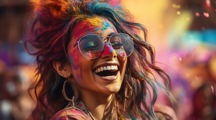 A portrait of a beautiful Indian woman with a colored face during the festival of Holi, India
