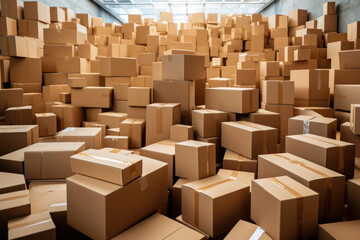 Cardboard boxes. Parcels in industrial building. Courier boxes of different sizes at warehouse.Delivery.