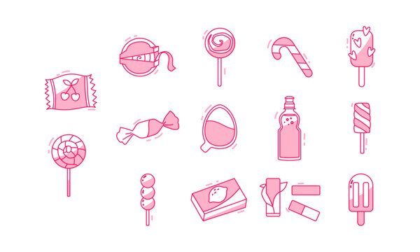 Set of outline icons of sweet candies and lollipops with fill