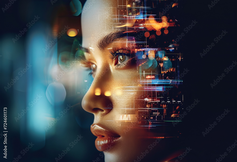 Wall mural portrait of a futuristic android woman with advanced technology data overlay