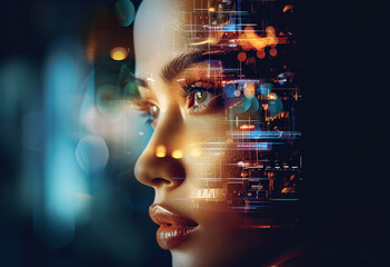 Portrait of a futuristic android woman with advanced technology data overlay