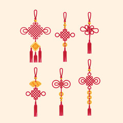 Cartoon Color Hanging Chinese Tassels Traditional Set Symbol of Fortune Flat Design Style Chinese Characters mean Happy. Vector illustration of Red Asian Knot