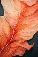 Abstract waves with orange and peach fuzz colors on a black background. Pattern with abstract leaves. 