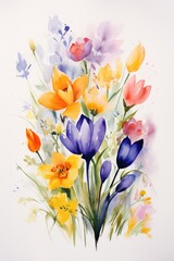 Watercolor illustration of flowers, tulips and crocuses on a white background. Spring concept.