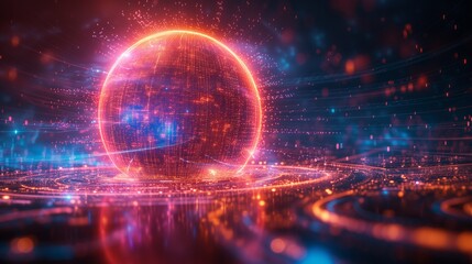 Obraz premium An artificial intelligence network hub in a digital world. A vast, sprawling network of luminous data streams and glowing nodes, representing AI's intricate connections and processing capabilities.
