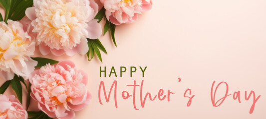 Happy Mother's Day celebration holiday concept greeting card with text - Peonies on pink paper table texture background