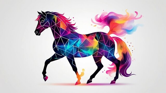 Geometric Horse in Vibrant Smoke, Vector Art with Watercolor Hues