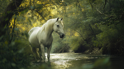 Obraz na płótnie Canvas A white horse drinks water from a forest river
