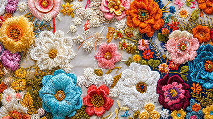 Colorful flowers embroidery on the fabric. Vibrant embroidery background. Floral designs showcasing detailed stitch work. Close up view.