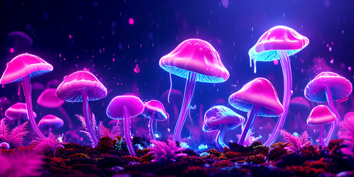 luminiscence of  Mushrooms, plants, violet and blue glowing garden of  mushrooms in forest at night magical and mysterious beauty, digital painting 