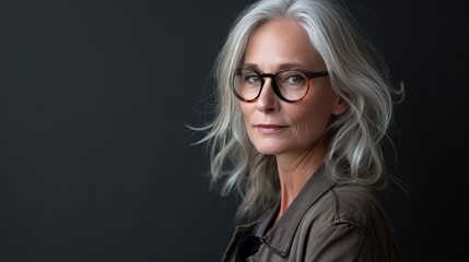 "Portrait serein : Femme mûre aux cheveux argentés et regard apaisant, fond gris doux"