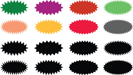 Starburst sale sticker or ribbon icon set of black or colorful price, discount, sunburst badges flat vector. Special offer price tag promotional shopping label isolated transparent background