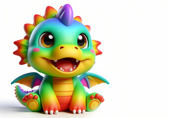 Fototapeta premium Super cute rainbow baby dragon with big eyes and wings on a withe background ai generative