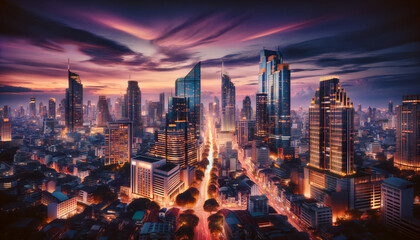 Obraz premium Dramatic cityscape at dusk with the skyline illuminated by the warm glow of the setting sun and bustling city lights. 
