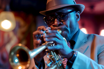Trumpeter performing in a bleus club at a jazz night, close-up. Jazz trumpeter in moody stage...