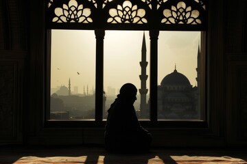 silhouetted person prayer against the backdrop of a beautifully designed mosque