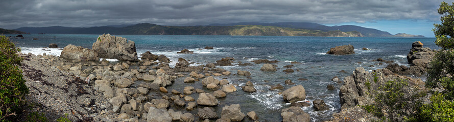 Fototapeta na wymiar Rocky coast at Breaker Bay. Wellington New Zealand. Tasman Sea. Panorama. 