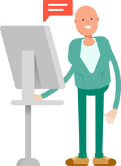 Bald Businessman Character Working on Computer
