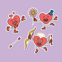 Cartoon Color Groovy Heart Shaped Valentine Stickers Set Romantic Holiday Concept Flat Design Style. Vector illustration